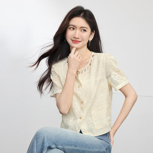 【07/30新品6.5折】熙世界轻中式亚麻短外套女夏季薄款贝壳织带圆领国风刺绣短袖上衣 商品图4