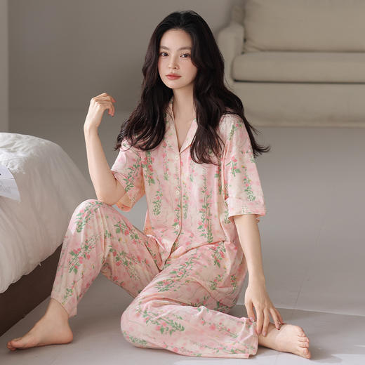 雀说睡衣女夏季莱赛尔开衫短袖长裤薄款夏天凉感莫代尔休闲家居服套装AL67007 商品图0