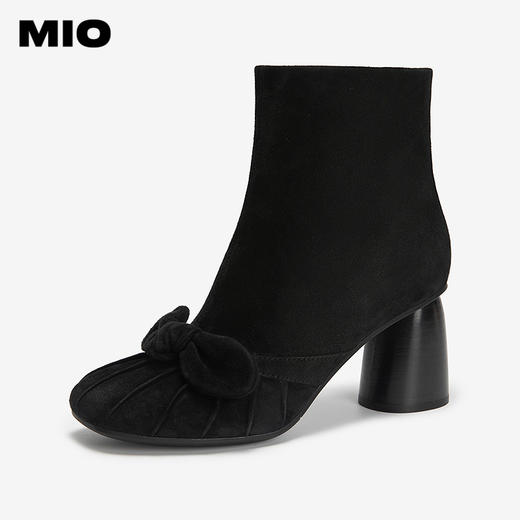 MIO米奥时装靴圆头高跟短筒靴粗跟黑色增高真皮靴子M255603002 商品图1
