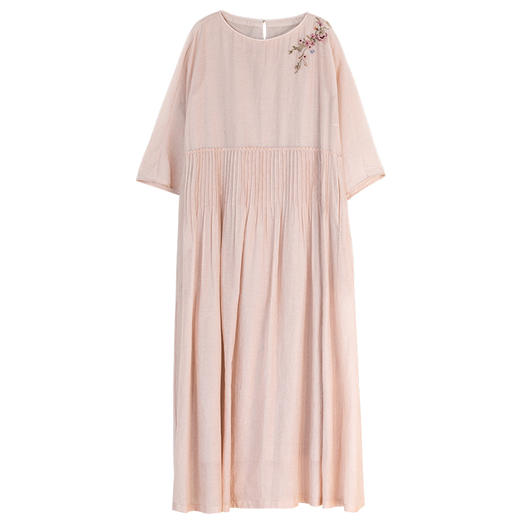 牧衣游原创 丝棉打条手工刺绣连衣裙新款宽松文艺质朴长裙 杏喜 商品图4