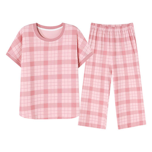 雀说夏季女士带胸垫一体纯棉睡衣夏天短袖七分裤薄款家居服防凹点套装AL99121 商品图4