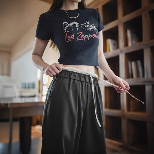 马登黑色宽松紧腰头拼接休闲裤花边直筒阔腿垂感西裤小个子女士夏 商品图4