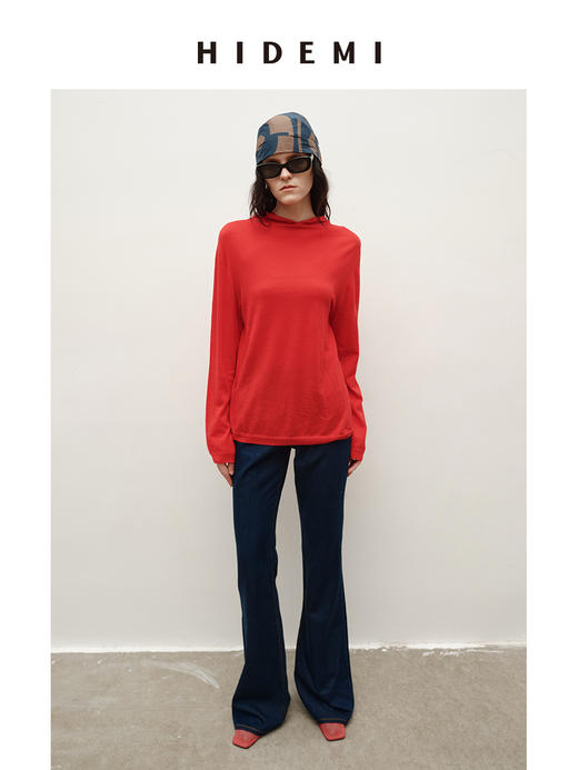 HIDEMI 进口美利奴羊毛精纺超细纱线亲肤柔软感连帽极简针织毛衫毛衣帽衫上衣 马斯正红/巧克力色/黑色 商品图1