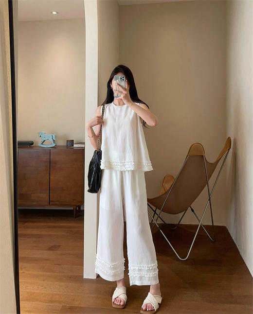 时髦神器垂坠天丝亚麻无袖上衣九分直筒阔腿裤套装2025夏款 商品图6