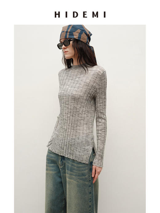 HIDEMI 极细美利奴羊毛花纱设计感前短后长开衩针织毛衣 花灰色/黑色 商品图2