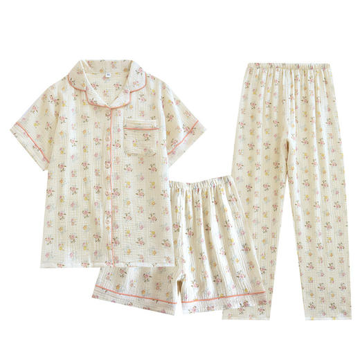 雀说薄款纯棉纱布睡衣三件套女士短袖长裤绉布棉家居服套装AL 商品图4