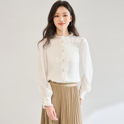 「高货sh」全新升级【铂金会员220/天猫289/差价69】(12122)洛诗琳白色木耳边立领衬衫2025秋季优雅通勤百搭雪纺上衣 商品图1