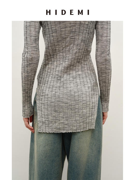 HIDEMI 极细美利奴羊毛花纱设计感前短后长开衩针织毛衣 花灰色/黑色 商品图3