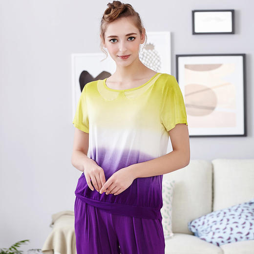 I‘d爱帝夏季薄款女士时尚渐变清荷韵染短袖家居服套装 商品图5