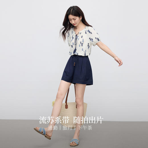 【周末秒杀】熙世界度假风复古碎花衬衫女夏季2025年新款气质印花短袖纯棉小衫 商品图2