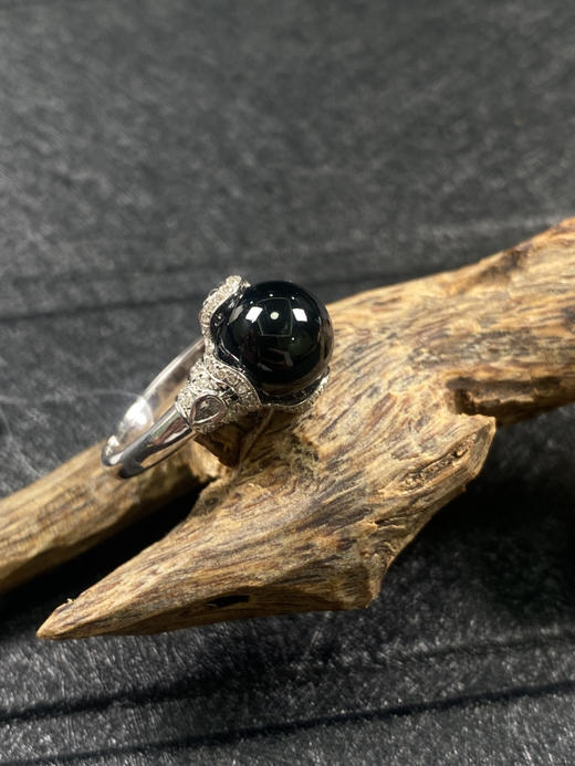 【FC0084】18K金镶嵌墨翠圆珠戒指 漆黑发亮 款式精美 商品图0