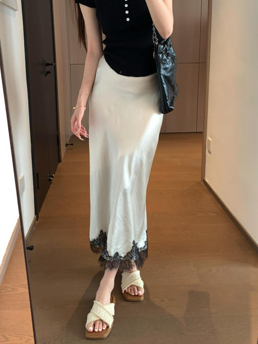 睫毛蕾丝拼接100醋酯缎垂顺丝滑松紧腰鱼尾半身裙中长裙夏款！ 商品图1