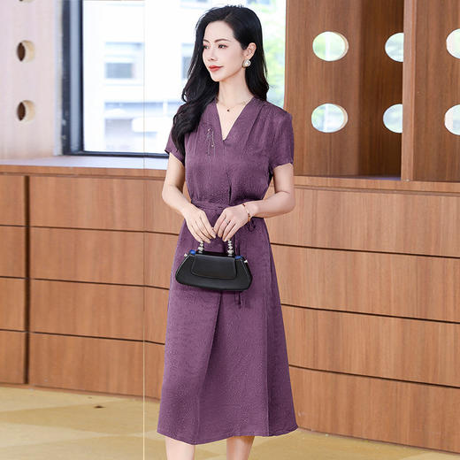 丁摩 夏装冠乐绉香云纱真丝连衣裙女装气质短袖裙子5ZF-221930 商品图1