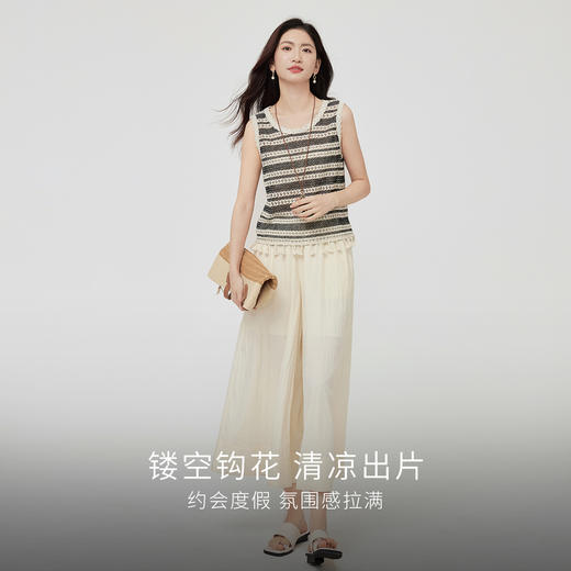 【07/30新品6.5折】熙世界波西米亚镂空钩花条纹背心女夏季外穿时尚流苏圆领无袖上衣 商品图2