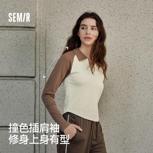 森马POLO衫女短款拼色插肩袖修身上衣小个子复古秋显瘦套头衫时尚 商品图1