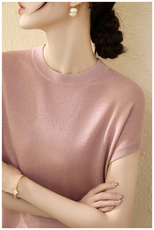 圆领星空纱冰丝针织衫短袖t恤女薄款莱赛尔天丝宽松上衣 商品图3