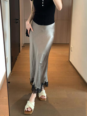 睫毛蕾丝拼接100醋酯缎垂顺丝滑松紧腰鱼尾半身裙中长裙夏款！