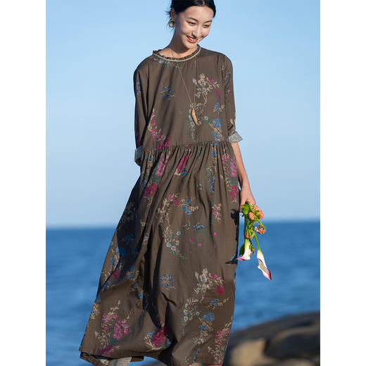 牧衣游原创 印花纯棉连衣裙早秋新款文艺复古碎花气质长裙 碧梧 商品图1