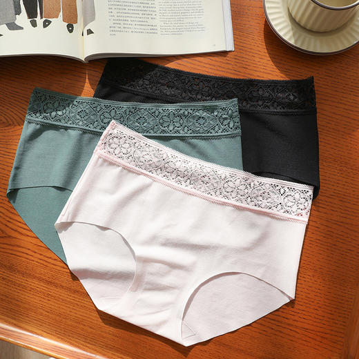 特价！磨砂质感花纹腰际宽蕾丝中腰女士三角裤 优雅性感桑蚕丝混纺底裆内裤 商品图0
