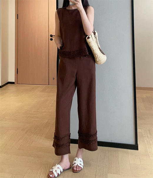 时髦神器垂坠天丝亚麻无袖上衣九分直筒阔腿裤套装2025夏款 商品图5