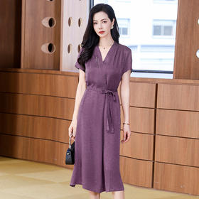 丁摩 夏装冠乐绉香云纱真丝连衣裙女装气质短袖裙子5ZF-221930