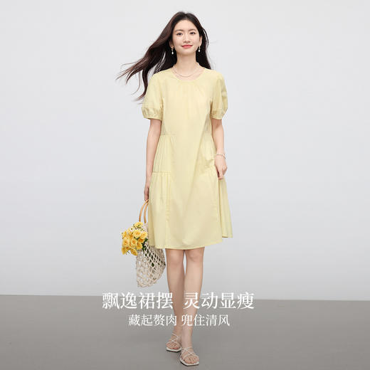 【07/30新品6.5折】熙世界淡人穿搭法式泡泡袖圆领连衣裙女夏季独特漂亮黄色宽松裙子 商品图2