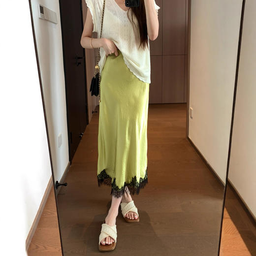 睫毛蕾丝拼接100醋酯缎垂顺丝滑松紧腰鱼尾半身裙中长裙夏款！ 商品图5