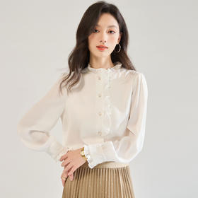 「高货sh」全新升级【铂金会员220/天猫289/差价69】(12122)洛诗琳白色木耳边立领衬衫2025秋季优雅通勤百搭雪纺上衣