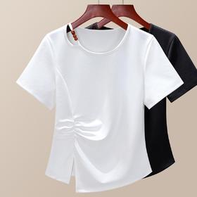 「自j」全新升级【铂金会员109/天猫149/差价40】(03206)洛诗琳不规则设计感T恤2025夏季小众褶皱开叉正肩显瘦上衣女