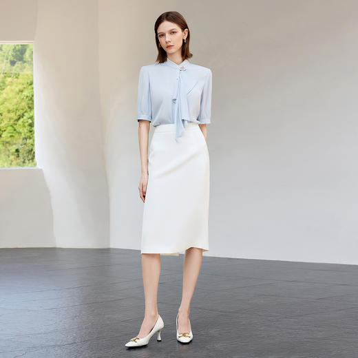 IWY/轻奢质感蓝色短袖飘带衬衫女时尚简约套装主持人正装B560+S1584 商品图4