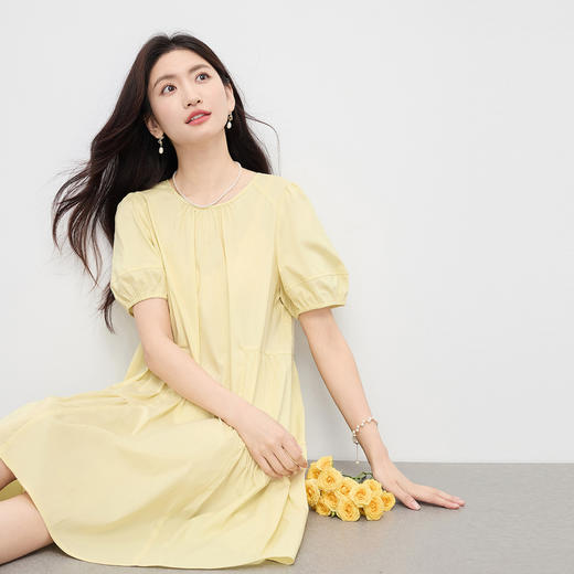 【07/30新品6.5折】熙世界淡人穿搭法式泡泡袖圆领连衣裙女夏季独特漂亮黄色宽松裙子 商品图3
