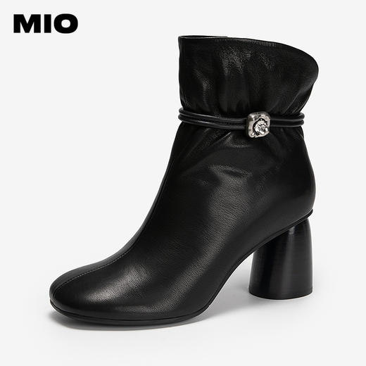 MIO米奥时装靴冬新款圆头高跟厚底百搭绒面瘦瘦靴羊皮短筒靴M255603055 商品图0