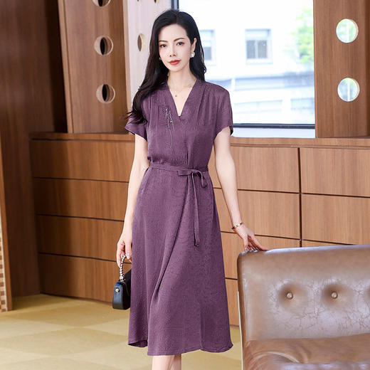 丁摩 夏装冠乐绉香云纱真丝连衣裙女装气质短袖裙子5ZF-221930 商品图5