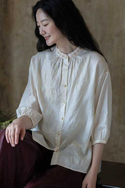 牧衣游原创 柞蚕丝机绣衬衫新款禅意简朴中式风百搭衬衣 一城月色 商品图5