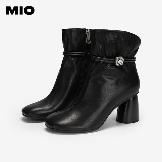 MIO米奥时装靴冬新款圆头高跟厚底百搭绒面瘦瘦靴羊皮短筒靴M255603055 商品图2