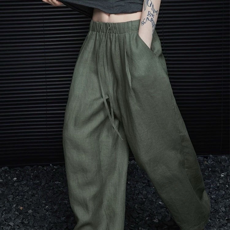 老钱风松针绿阔腿裤 天然苎麻纤维 轻薄透气显瘦 宽松阔腿裤版型