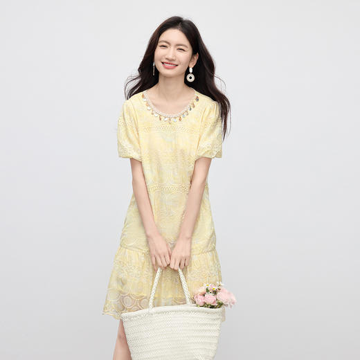 【专属特价】熙世界度假风花苞袖蕾丝刺绣连衣裙女夏季小个子亮片圆领a字裙子 商品图4