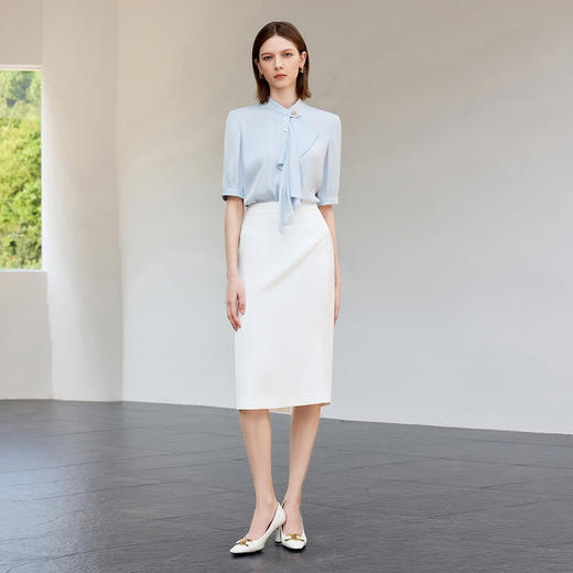 IWY/轻奢质感蓝色短袖飘带衬衫女时尚简约套装主持人正装B560+S1584 商品图2