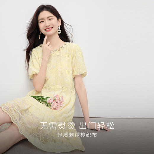 【专属特价】熙世界度假风花苞袖蕾丝刺绣连衣裙女夏季小个子亮片圆领a字裙子 商品图1
