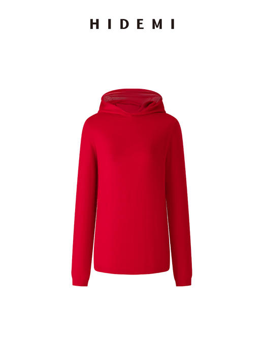HIDEMI 进口美利奴羊毛精纺超细纱线亲肤柔软感连帽极简针织毛衫毛衣帽衫上衣 马斯正红/巧克力色/黑色 商品图5