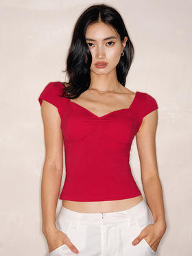 TR她热 玫瑰小衫 红色弹力防晒带胸垫复古鸡心领T恤短袖上衣