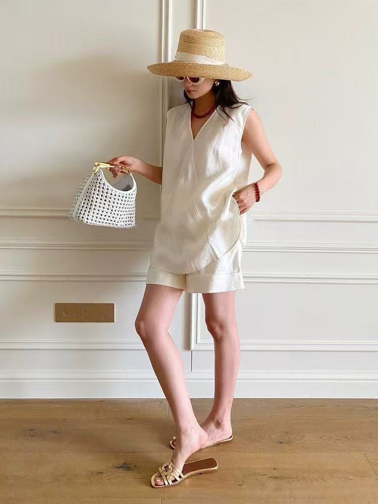 【法式亚麻套装】(V领背心+短裤) 老钱松弛感穿搭 告别闷热，拥抱清凉