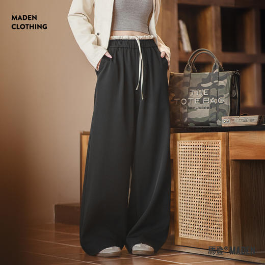马登黑色宽松紧腰头拼接休闲裤花边直筒阔腿垂感西裤小个子女士夏 商品图0