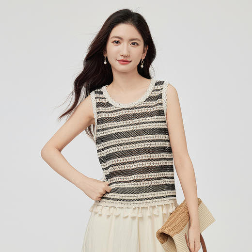 【07/30新品6.5折】熙世界波西米亚镂空钩花条纹背心女夏季外穿时尚流苏圆领无袖上衣 商品图4