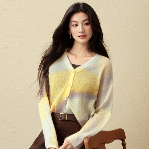 【严选】诗凡黎浪漫法式奶油黄晕染针织开衫2025秋新款优雅温柔软糯上衣女7G7332121 商品图4