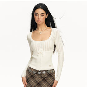 Ariseism 美式复古设计感镂空提花长袖针织衫女春季新款修身上衣