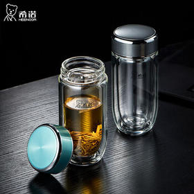 希诺抗菌玻璃杯双层防烫透明水杯男士高档泡茶杯子XN-1927本色 410mL