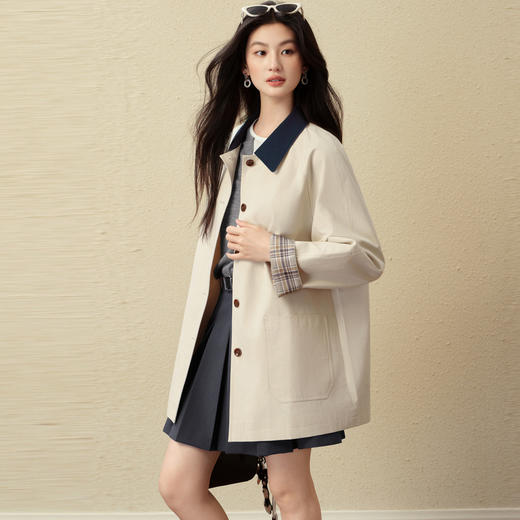 【严选】诗凡黎经典巴恩风撞色翻领一手长风衣2025秋新款宽松休闲英伦外套7G8160251 商品图4