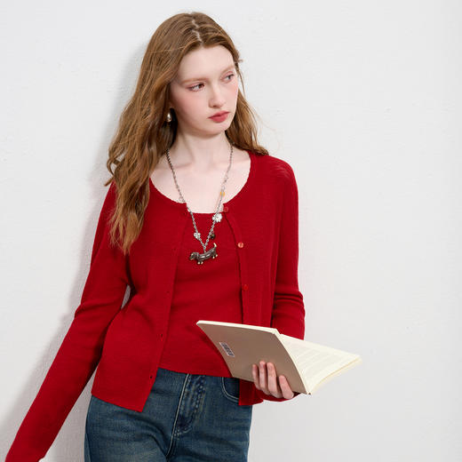 三彩2025秋季新款针织衫套装圆领毛衫开衫修身吊带两件套M 商品图1