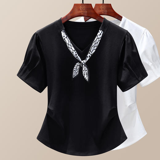 【129元2件】法式高级轻奢大牌配丝巾正肩凉感棉短袖T恤 显瘦遮肚独特潮流上衣 商品图4